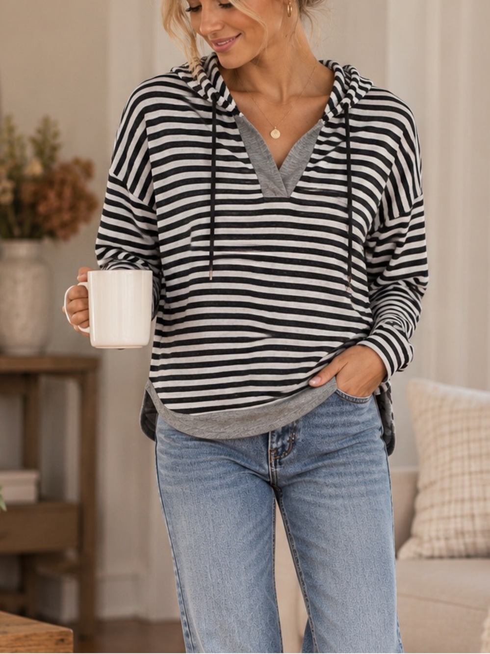 Cable & Gauge Striped Hooded Pullover Tunic Gray Black Long Sleeve Size S